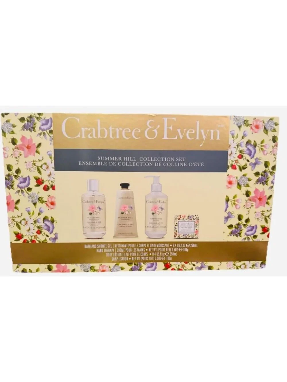 Summer Hill Bath & Shower Gel, Hand Therapy, Body Lotion & Bar Soap Set